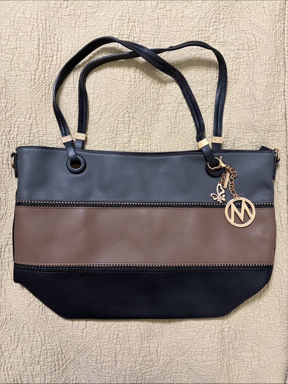 Three-Panel Colorblock Shoulder Tote - Black, Gray & Brown